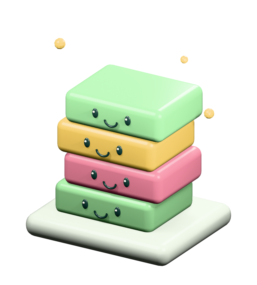Four smiling pistachio, strawberry and mango jelly cubes stacked on a soft vanilla platform